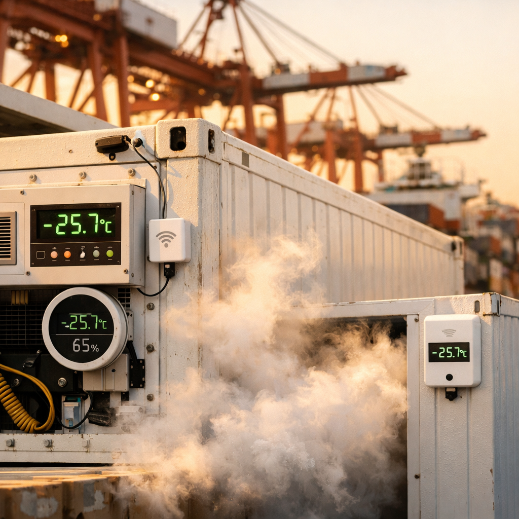 A modern refrigerated shipping container at a busy Chinese port terminal during golden hour, with temperature monitoring sensors visible on the exterior, cargo cranes in the background, and steam rising from the frozen goods being loaded. Shot with 50mm lens, f/2.8, natural warm lighting, high detail, photo style