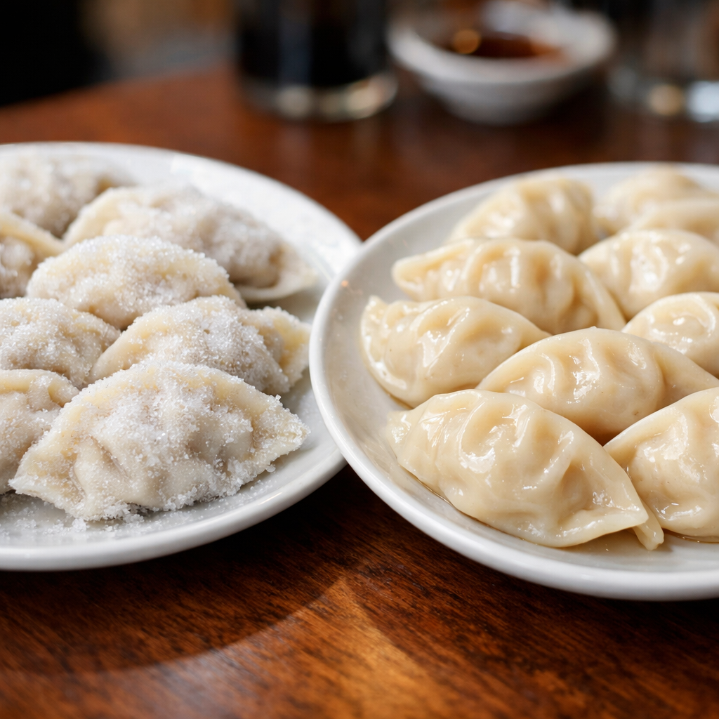 A close-up photo of two plates of Chinese dumplings side by side on a restaurant table, one plate showing frozen dumplings with visible ice crystals, the other showing fresh refrigerated dumplings with a glossy appearance, shot with 50mm lens, f/2.8, natural lighting, shallow depth of field, highly detailed food photography style
