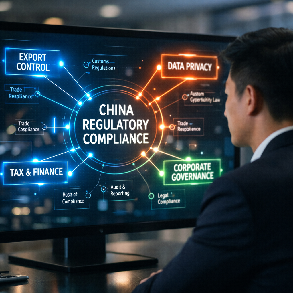 A conceptual visualization showing the interconnected nature of Chinese regulatory compliance. Imagine a sophisticated network diagram or mind map on a modern digital display screen, with nodes representing different compliance areas (export control, tax, data privacy, corporate governance) connected by glowing lines. The scene should be set in a contemporary office environment with a Chinese business professional reviewing the display. Shot with soft ambient lighting, shallow depth of field at f/2.2, photo style with a technology-focused aesthetic.