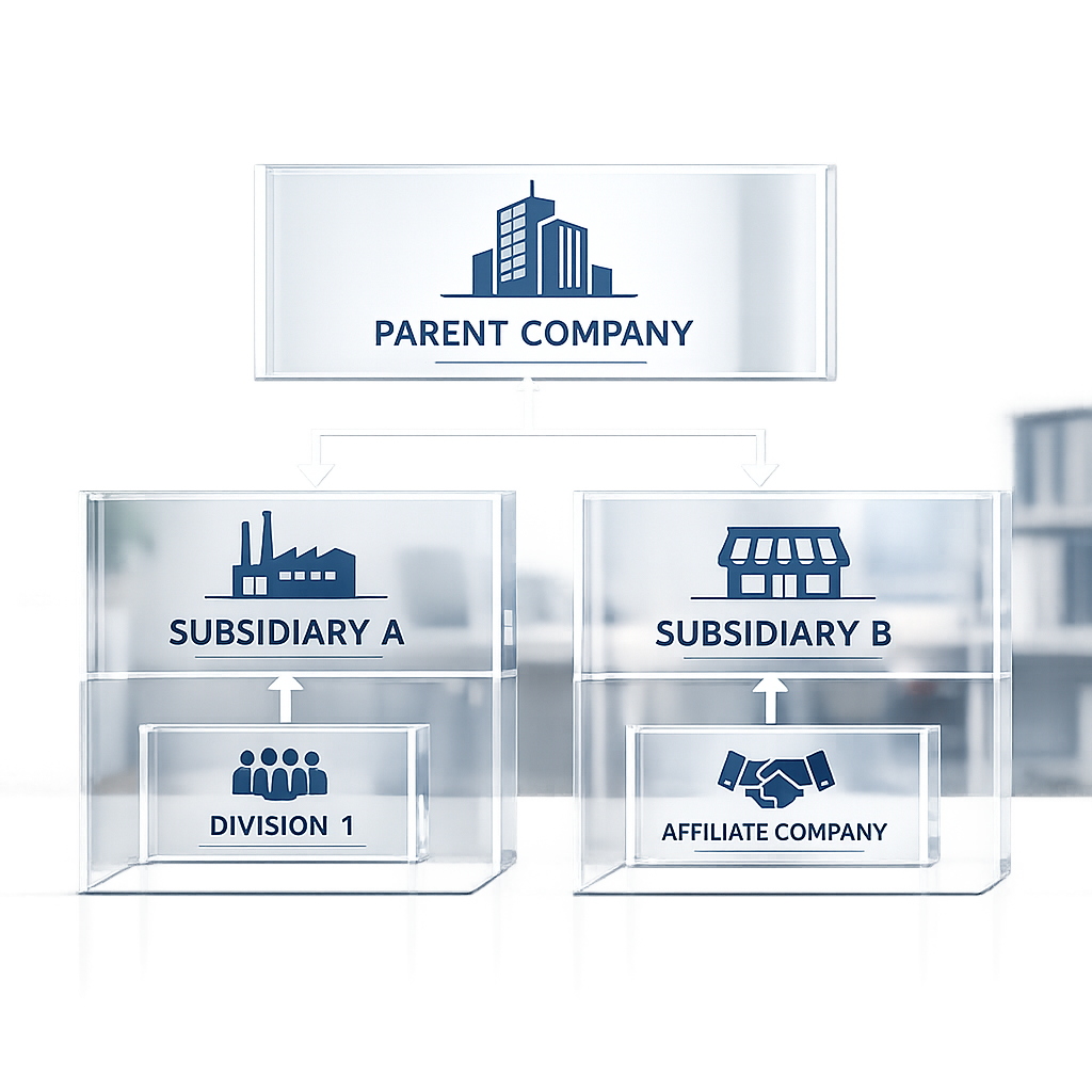 Corporate organizational chart showing interconnected company structures with transparent barriers between entities, visual representation of corporate veil concept, clean minimalist business illustration style, bright office environment, balanced composition, high detail, professional photography style