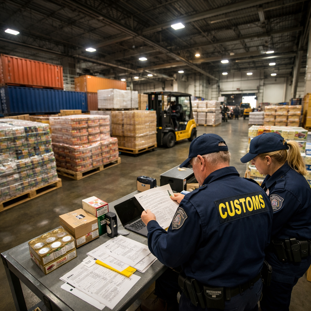 A wide-angle photo of a busy customs warehouse interior, showing stacked shipping containers and pallets of food products, with customs officers examining documents at inspection stations, forklift in background, industrial lighting, shot with wide-angle lens, professional documentary photography style