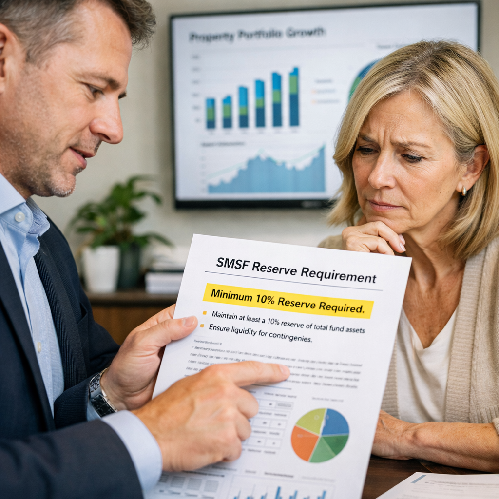 A professional financial advisor showing a concerned SMSF trustee a detailed financial document highlighting the 10% reserve requirement, in a modern office setting with property investment charts visible on a wall-mounted screen, natural office lighting, photo style, shot with 35mm lens, sharp focus on the document