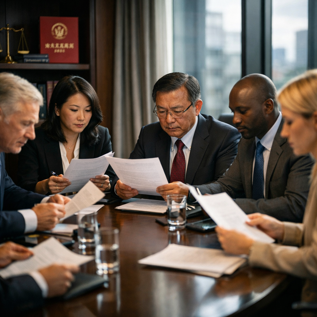 A professional business meeting scene in a modern Chinese corporate boardroom. Show diverse international executives reviewing legal documents around a polished conference table, with subtle Chinese regulatory symbols or legal books visible in the background. The lighting should be dramatic but professional, shot with a 35mm lens at f/2.8, creating a sense of urgency and importance. The atmosphere should convey serious corporate governance discussion, with natural lighting from large windows, photo style.
