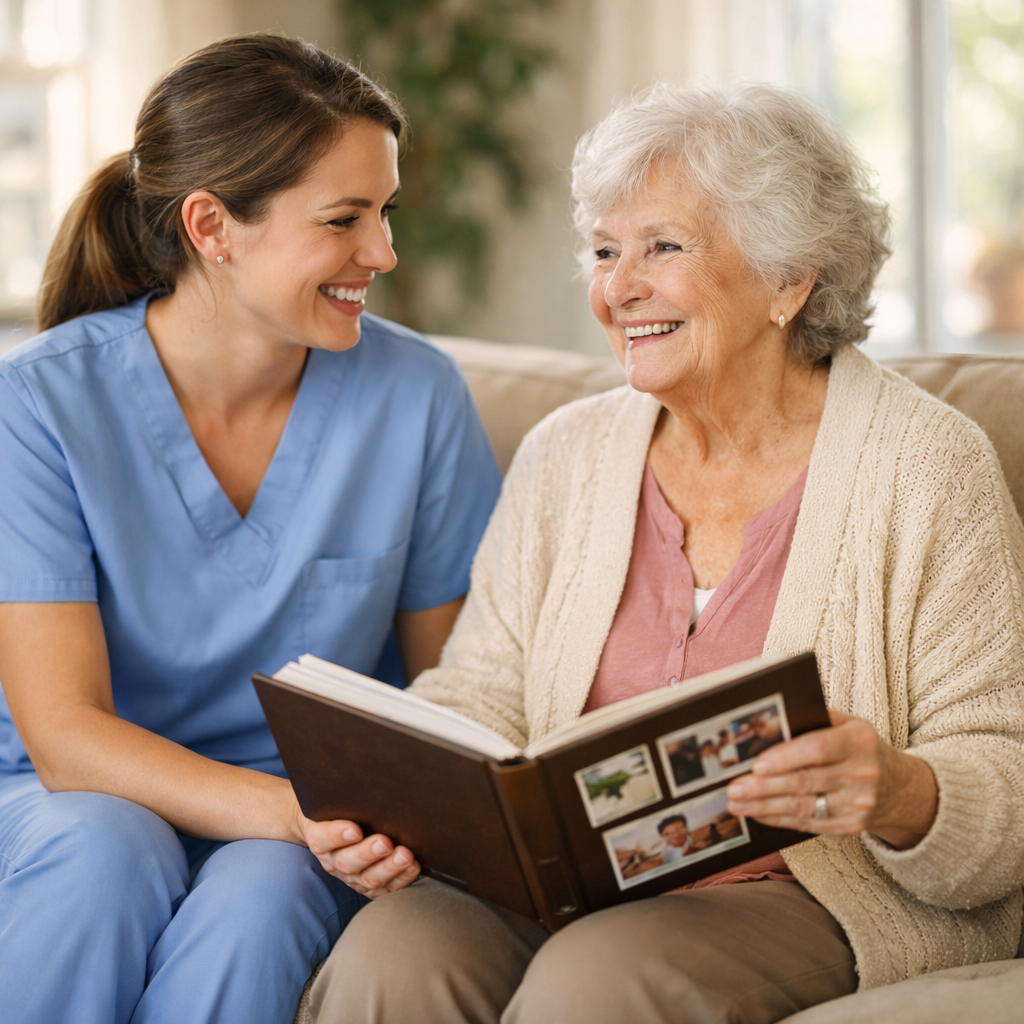 A warm, photo-style image of a professional caregiver and an elderly person sitting together in a sunlit living room, both smiling genuinely during conversation. The caregiver, wearing comfortable professional attire, is attentively listening while the senior holds a photo album. Natural window light creates soft shadows, shot with 50mm lens at f/2.8 for shallow depth of field. The scene conveys trust, companionship and quality care through authentic human connection.