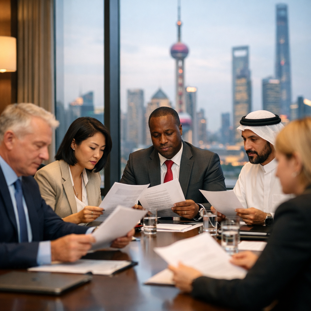 A sophisticated business meeting room with diverse international executives reviewing corporate documents, modern Chinese cityscape visible through floor-to-ceiling windows, warm professional lighting, shot with 50mm lens at f/2.8, shallow depth of field, photo style