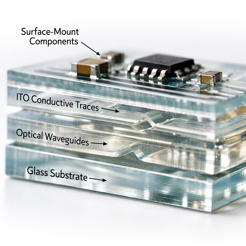 A detailed cross-section view of an optical transparent circuit board showing multiple layers, with glass substrate at the base, transparent ITO conductive traces running horizontally, optical waveguides embedded within, and surface-mount components on top. The image should be in a technical illustration style with clear labels, photographed against a white background with professional studio lighting to highlight the transparent and reflective properties of the materials. Shot with a macro lens at f/2.8 for shallow depth of field, emphasizing the layered structure and material interfaces.