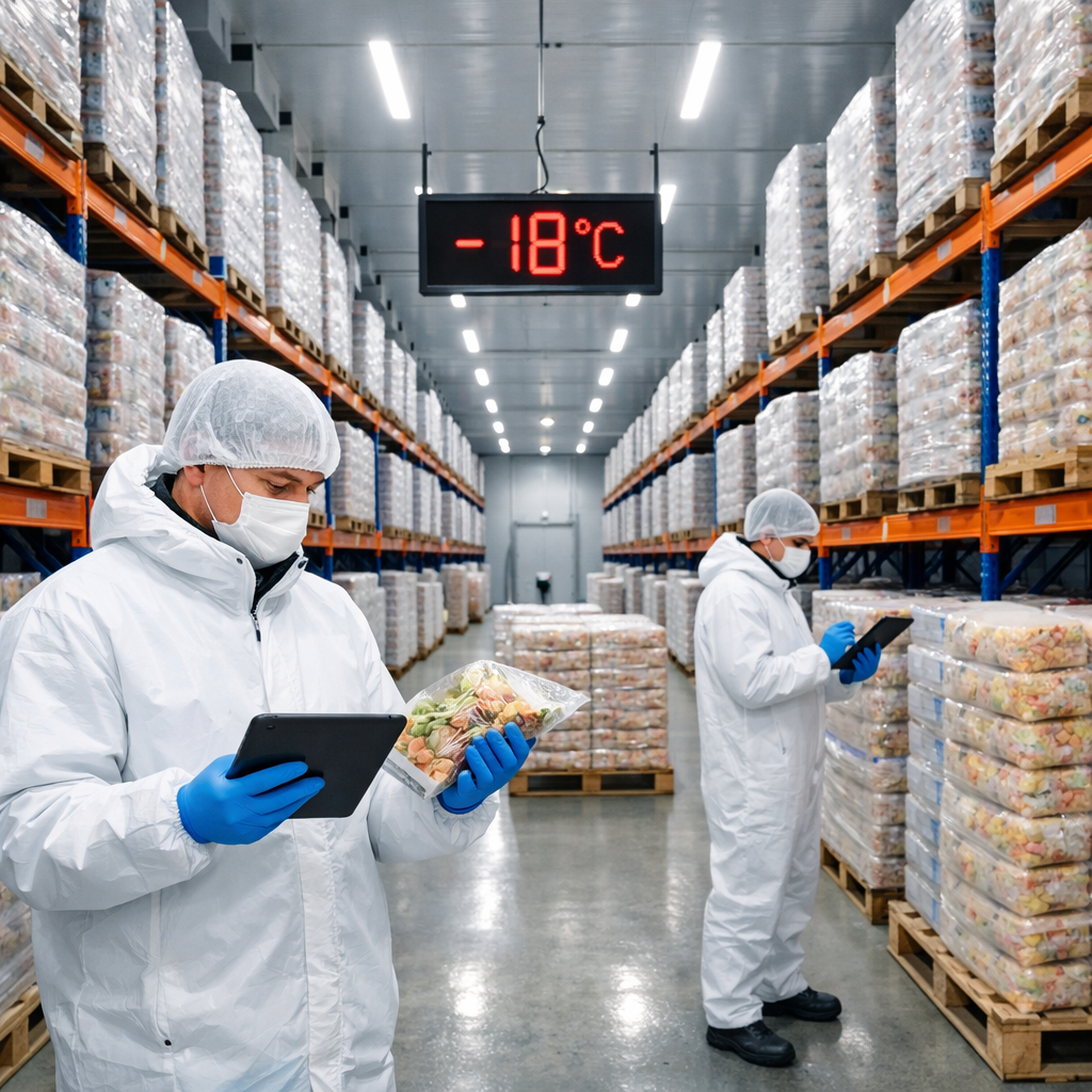 Inside a state-of-the-art cold storage warehouse with rows of neatly stacked frozen food products in clear packaging, digital temperature displays showing -18°C, LED lighting creating a clean clinical atmosphere, workers in protective gear conducting quality checks with tablets. Wide-angle lens, bright even lighting, highly detailed, photo style