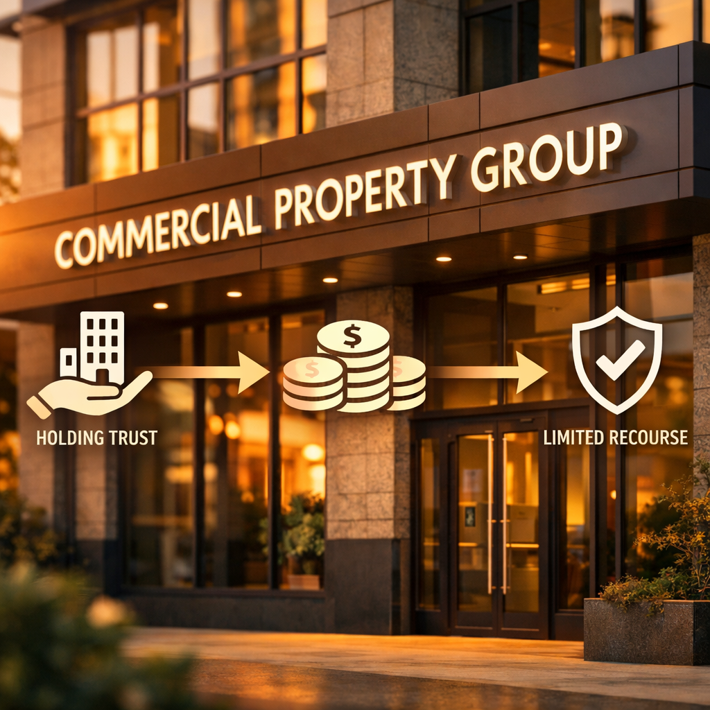 Business photograph of a commercial property building with professional signage, shot with 50mm lens at f/2.8. Modern commercial real estate facade during golden hour lighting, showing clear architectural details. Include subtle overlay graphics indicating loan structure: arrows showing fund flow, holding trust icon, and limited recourse protection shield symbol. Professional photo style with warm tones, shallow depth of field, high-end real estate photography aesthetic.