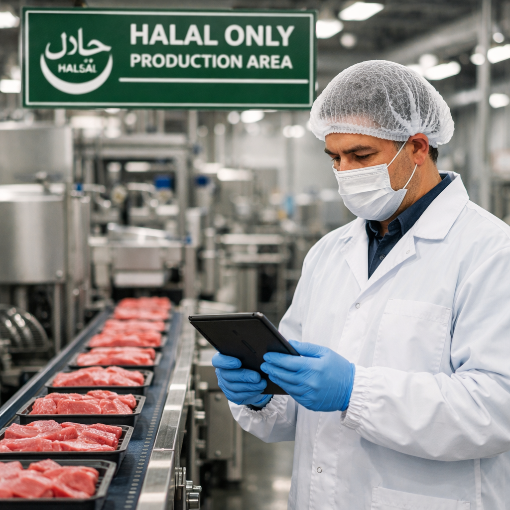 A photo-style image of a modern food processing facility interior showing a clean production line with stainless steel equipment. A quality control inspector in white protective clothing and hairnet is examining documentation on a tablet while standing next to halal-certified meat products on a conveyor belt. The facility has clear signage indicating halal-only production area. Shot with 35mm lens, f/4, bright industrial lighting, sharp focus on the inspector with slight bokeh in background, highly detailed, professional food safety photography style.