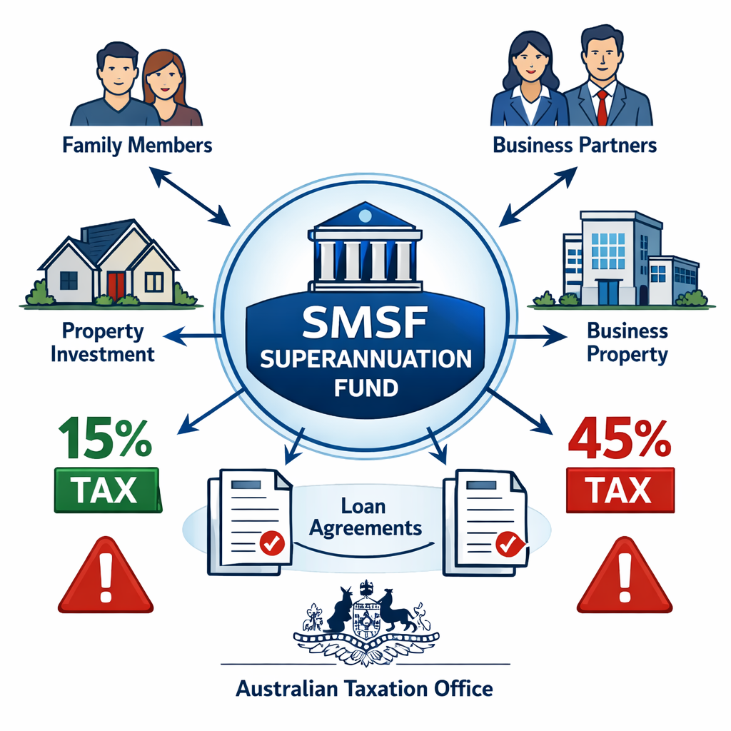 A detailed financial compliance diagram showing SMSF structure with interconnected elements: a central superannuation fund icon surrounded by related party figures (family members, business partners), property assets, and warning symbols. Include Australian Tax Office badge, percentage symbols showing 15% vs 45% tax rates, and document icons representing loan agreements. Professional business illustration style with clean lines, blue and red accent colors, corporate aesthetic.