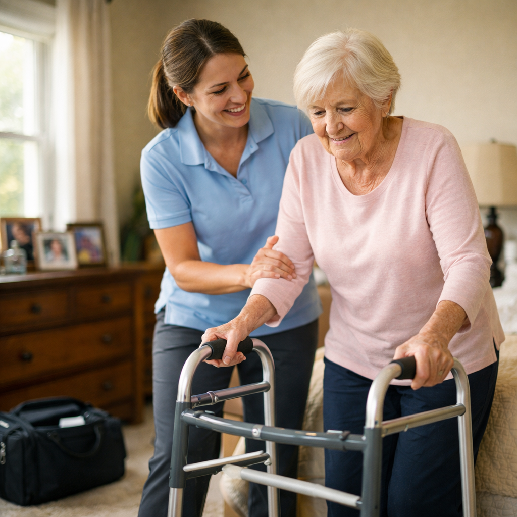 A detailed photo showing a physical therapist working with an elderly patient in their home. The therapist, wearing casual professional attire, is helping a senior woman use a walker in a well-lit bedroom. The room features personal touches like family photos and comfortable furnishings. A medical bag is visible nearby. The image captures the supportive, professional interaction with soft natural lighting from a window, shallow depth of field focusing on the patient and therapist, shot with Canon DSLR, 35mm lens, photo style.