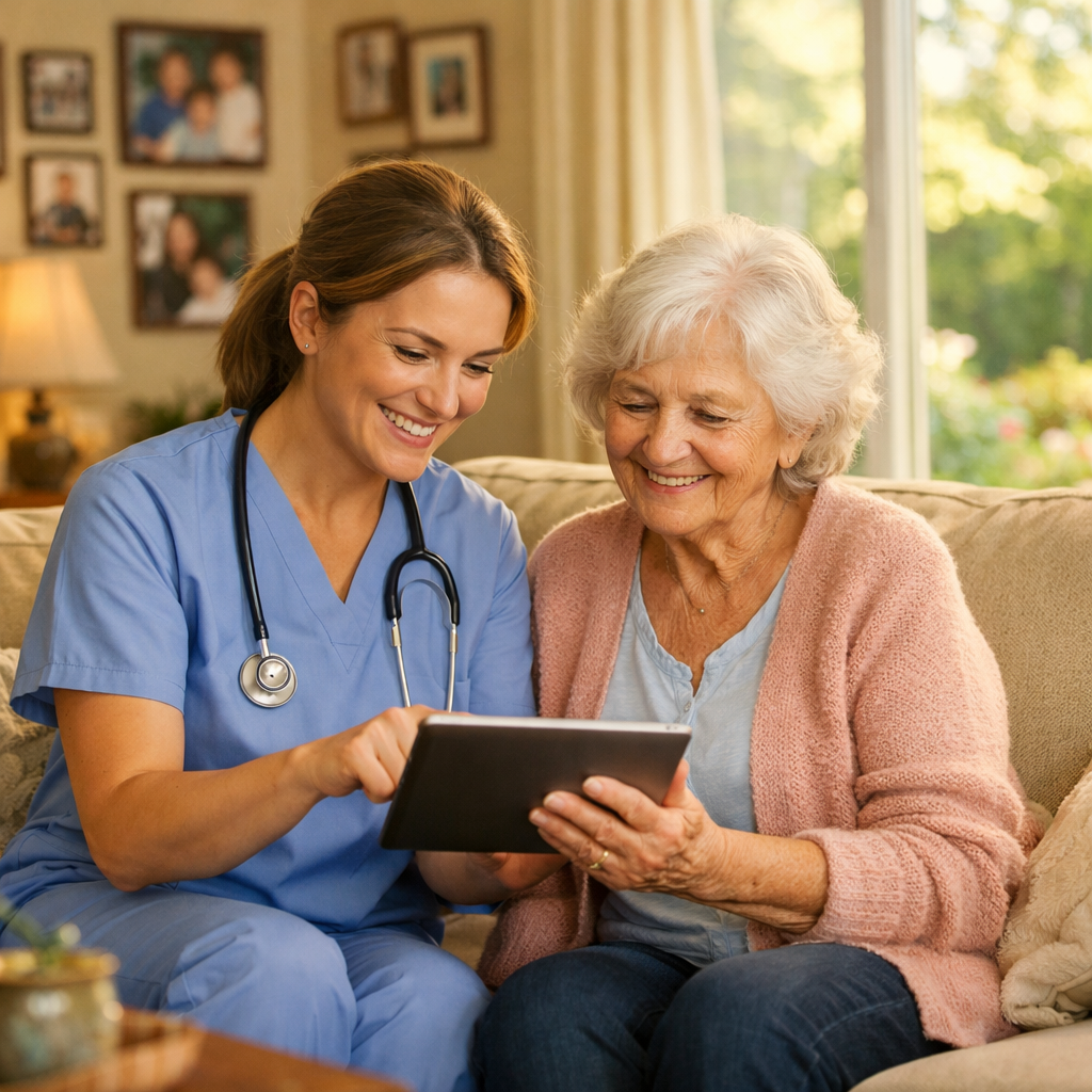 A warm, inviting photo of a bright, sunlit living room with comfortable furniture, family photos on the walls, and a large window showing a well-maintained garden outside. In the foreground, a friendly female nurse in professional attire is sitting on a couch next to a smiling elderly woman, both looking at a tablet together in a caring, collaborative manner. The scene conveys comfort, independence, and professional medical support in a home environment. Shot with 50mm lens, f/2.8, natural lighting, warm tones, photo style.