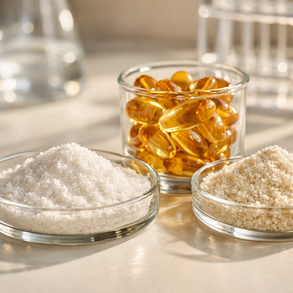 Close-up photo of high-quality nutritional supplement ingredients in glass laboratory containers on a clean white surface, with scientific testing equipment blurred in the background, natural window lighting creating soft shadows, macro lens photography, sharp focus on crystalline powder textures, pharmaceutical grade materials, shot with 100mm macro lens, f/4, warm tones, professional product photography style