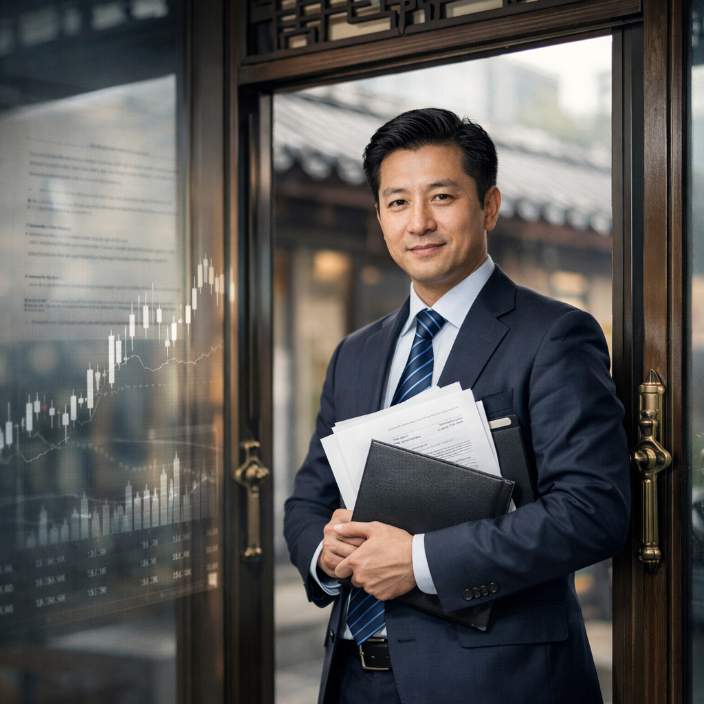 A professional business person in modern office attire standing at a large glass door with Chinese architectural elements, holding documents, with a subtle overlay of financial charts and legal documents in the background, shot with 50mm lens, f/2.8, natural lighting, business photo style, highly detailed