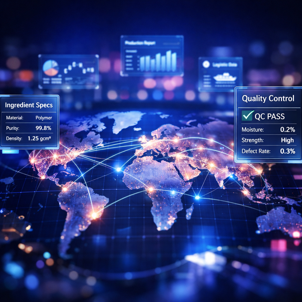 A modern global supply chain visualization showing interconnected world map with glowing network lines connecting major manufacturing hubs across Asia, Europe, and Americas, with floating holographic displays showing ingredient specifications and quality metrics, shot with wide-angle lens, dramatic blue and purple lighting, highly detailed, professional business photography style, f/2.8, shallow depth of field