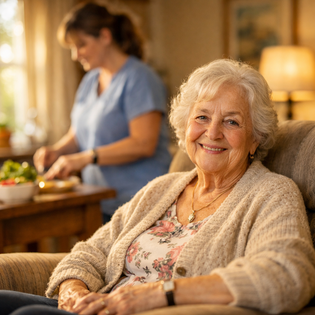 A warm, inviting photo of an elderly woman sitting comfortably in her well-lit living room at home, with a friendly caregiver beside her helping to prepare a meal in the background, natural afternoon sunlight streaming through windows, shot with 50mm lens at f/2.8, creating a bokeh effect, photo style capturing genuine connection and care, warm tones, cozy home atmosphere
