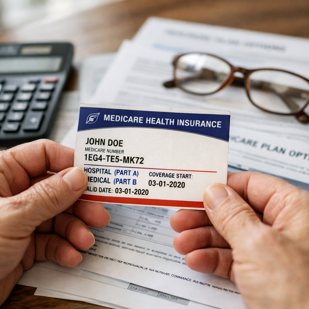 A close-up photo of hands holding Medicare insurance cards and healthcare documents spread on a wooden table, with a calculator and reading glasses nearby, soft natural window lighting, shot with macro lens, shallow depth of field focusing on the Medicare card, photo style emphasizing the complexity of healthcare coverage decisions, neutral professional tones