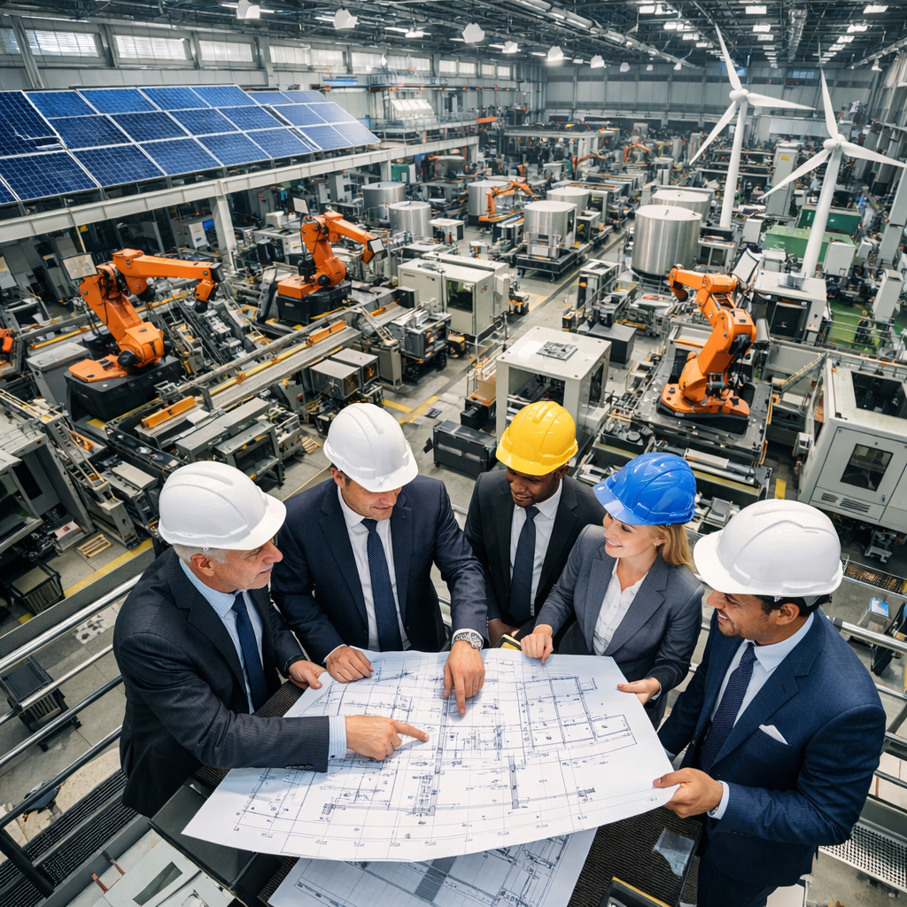 An overhead view of a modern Chinese industrial facility with advanced manufacturing equipment, robotic arms, and clean energy installations visible, featuring a diverse group of international business executives in hard hats reviewing blueprints, aerial perspective, shot with wide-angle lens, bright natural lighting, industrial photo style, high contrast, intricate details