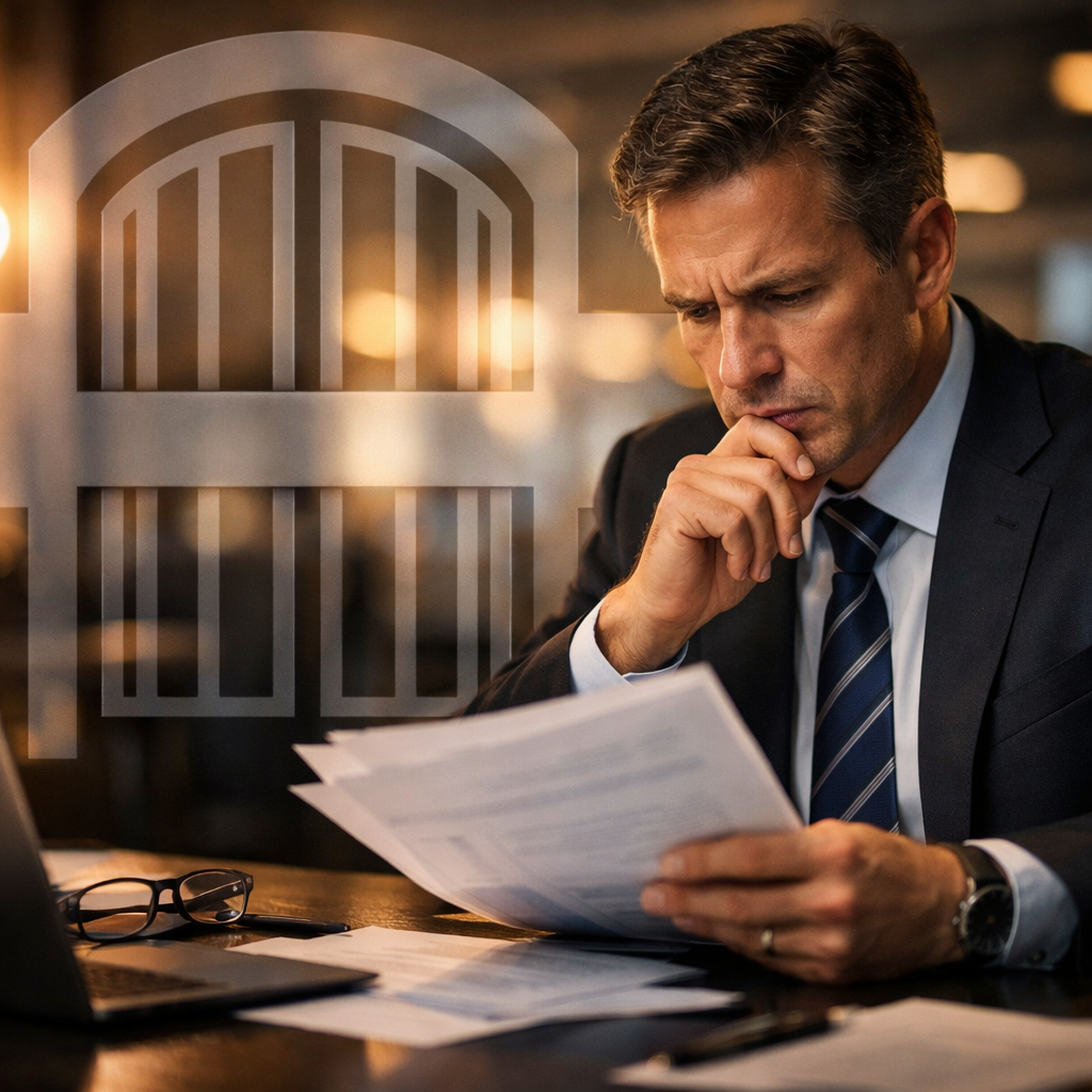A professional business scene showing a concerned executive examining documents at a modern office desk, with a large translucent barrier or gate symbol overlaying the image, symbolizing regulatory obstacles. The lighting is dramatic with warm office lighting, shot with a 35mm lens at f/2.8, creating a shallow depth of field. The atmosphere conveys tension and complexity in business decision-making. Photo style, high detail, professional corporate photography.