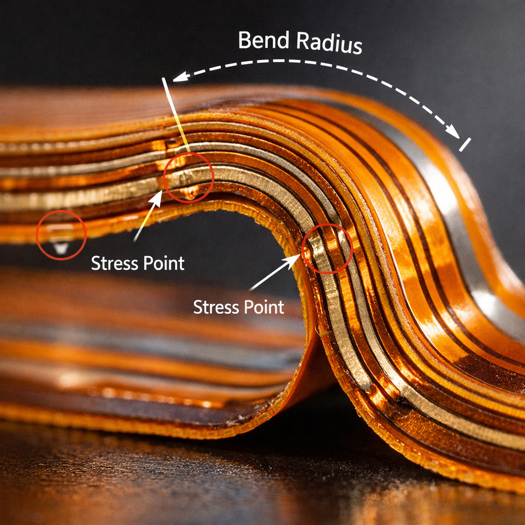 A detailed technical photo showing a cross-section view of a flexible PCB in a bent position, highlighting the bend radius and copper trace stress points. The image shows multiple layers of polyimide substrate with copper traces, captured with macro lens photography. The lighting emphasizes the material layers and curvature, shot with shallow depth of field to focus on the bend area. Professional engineering photography style with clear technical details visible.