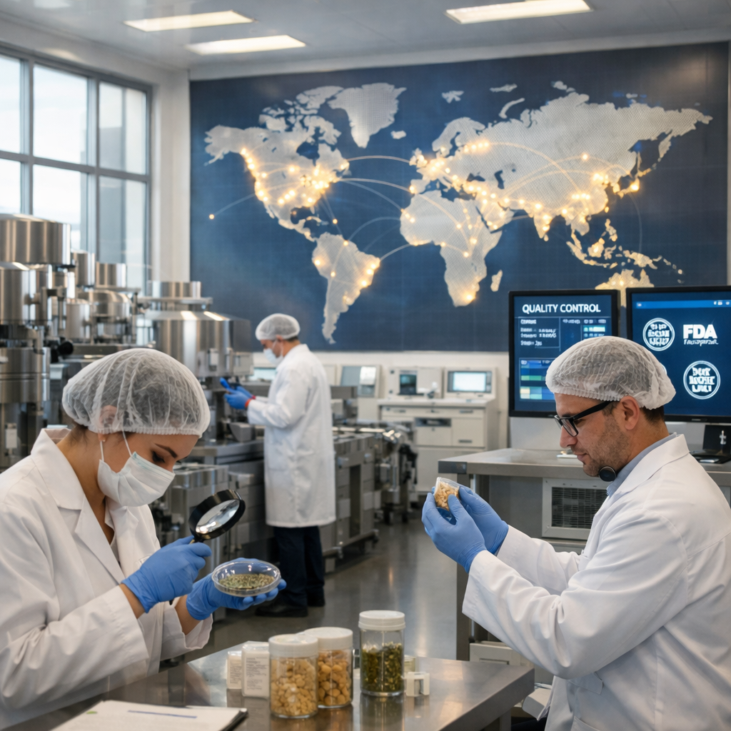 A professional supplement manufacturing facility showcasing global connectivity, featuring a modern clean room with rows of high-tech production equipment, large world map display on the wall with illuminated connection points across different continents, scientists in white lab coats examining ingredient samples, and digital screens showing quality control data and certifications, shot with 50mm lens, f/2.8, natural lighting from large windows, highly detailed, photo style