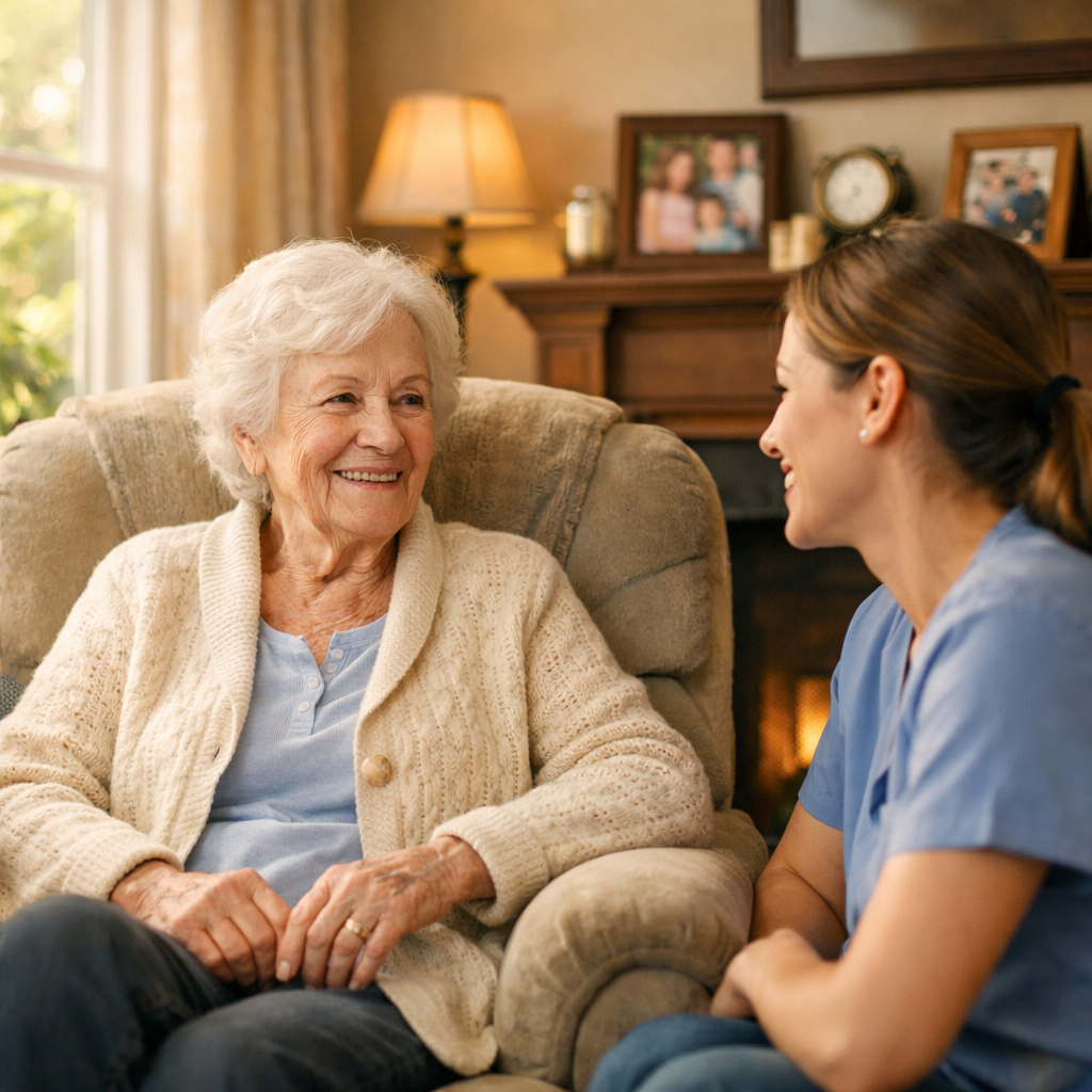 A warm, inviting living room scene showing an elderly woman sitting comfortably in her favorite armchair by a sunlit window, with family photos on the mantle and a caregiver sitting nearby having a friendly conversation, photo style, shot with 50mm lens, f/2.8, natural window lighting, warm tones, highly detailed, cozy home atmosphere