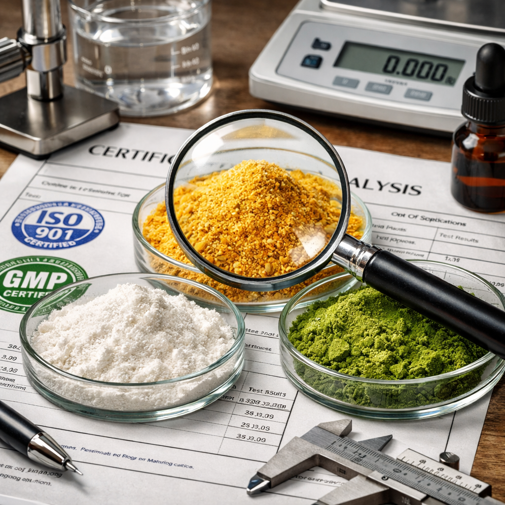 A close-up composition showing premium supplement ingredients being inspected for quality, featuring glass petri dishes containing different colored powders (white amino acids, golden vitamins, green plant extracts), laboratory testing equipment with certificates of analysis documents, magnifying glass examining ingredient purity, calibrated measuring instruments, and international certification stamps visible on documents, macro lens, shallow depth of field, soft professional lighting, highly detailed textures, photo style