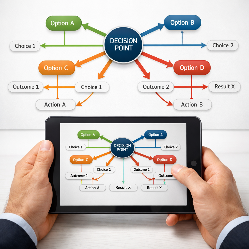 An organized workflow visualization showing a decision-making framework with multiple pathways branching from a central point. The image includes elegant infographic elements, colorful decision nodes, and directional arrows on a clean white background. Professional hands holding a tablet displaying similar framework diagrams. Clean composition with soft shadows, shot with macro lens, bright even lighting. Photo style, corporate photography, high clarity and detail.
