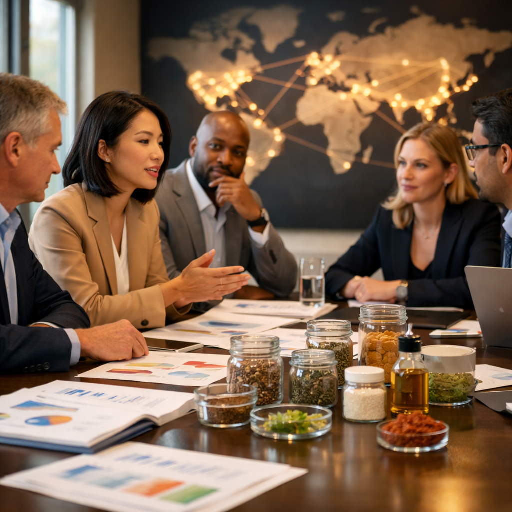 A detailed business strategy meeting scene showing diverse professionals gathered around a modern conference table covered with documents, charts, and ingredient samples in glass containers. In the background, a large world map with illuminated connection lines between continents represents global supply chains. The lighting is warm and professional with natural window light, shot with 50mm lens at f/2.8 for shallow depth of field. Photo style, highly detailed, business photography aesthetic.