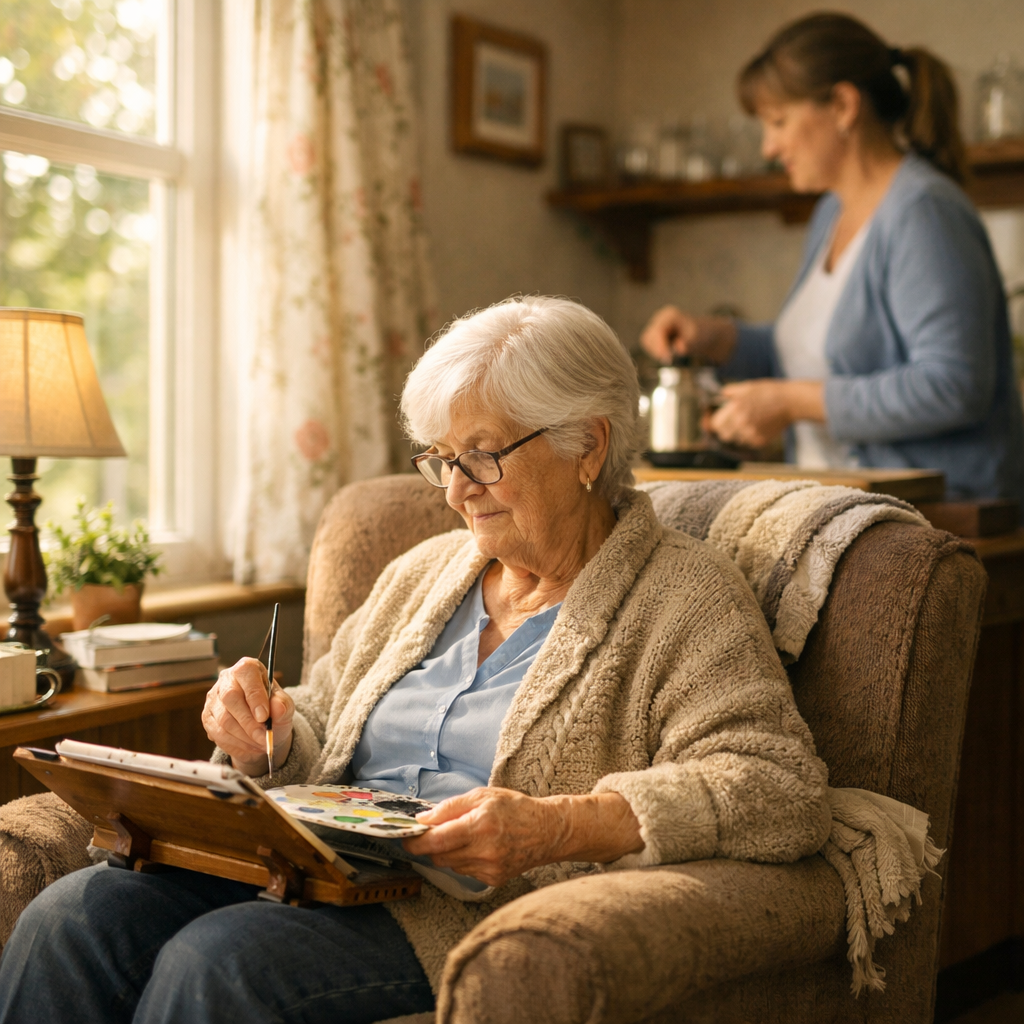 A warm and inviting home interior showing an elderly person sitting comfortably in their favorite armchair by a sunlit window, engaged in a hobby like painting or reading, with a friendly caregiver nearby preparing tea in the background. The scene emphasizes comfort, independence, and companionship. Photo style, shot with 50mm lens, f/2.8, natural window lighting, warm tones, highly detailed, cozy atmosphere