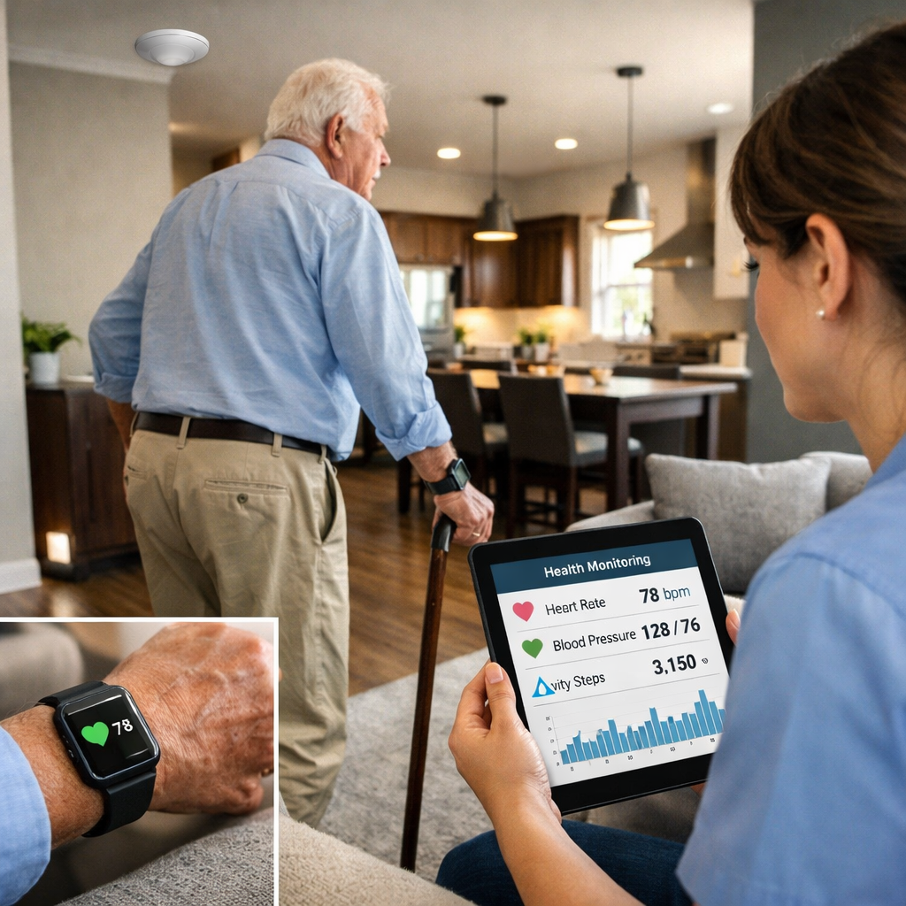 A modern smart home setup showing an elderly person safely moving through their home with subtle assistance technology visible - motion sensors, a wearable health monitor on their wrist, and a tablet displaying health data. A caregiver is shown reviewing information on the tablet while the senior continues their daily activities independently. Photo style, shot with 35mm wide-angle lens, natural lighting, clean and uncluttered composition, focus on technology integration and independence, high contrast, detailed textures