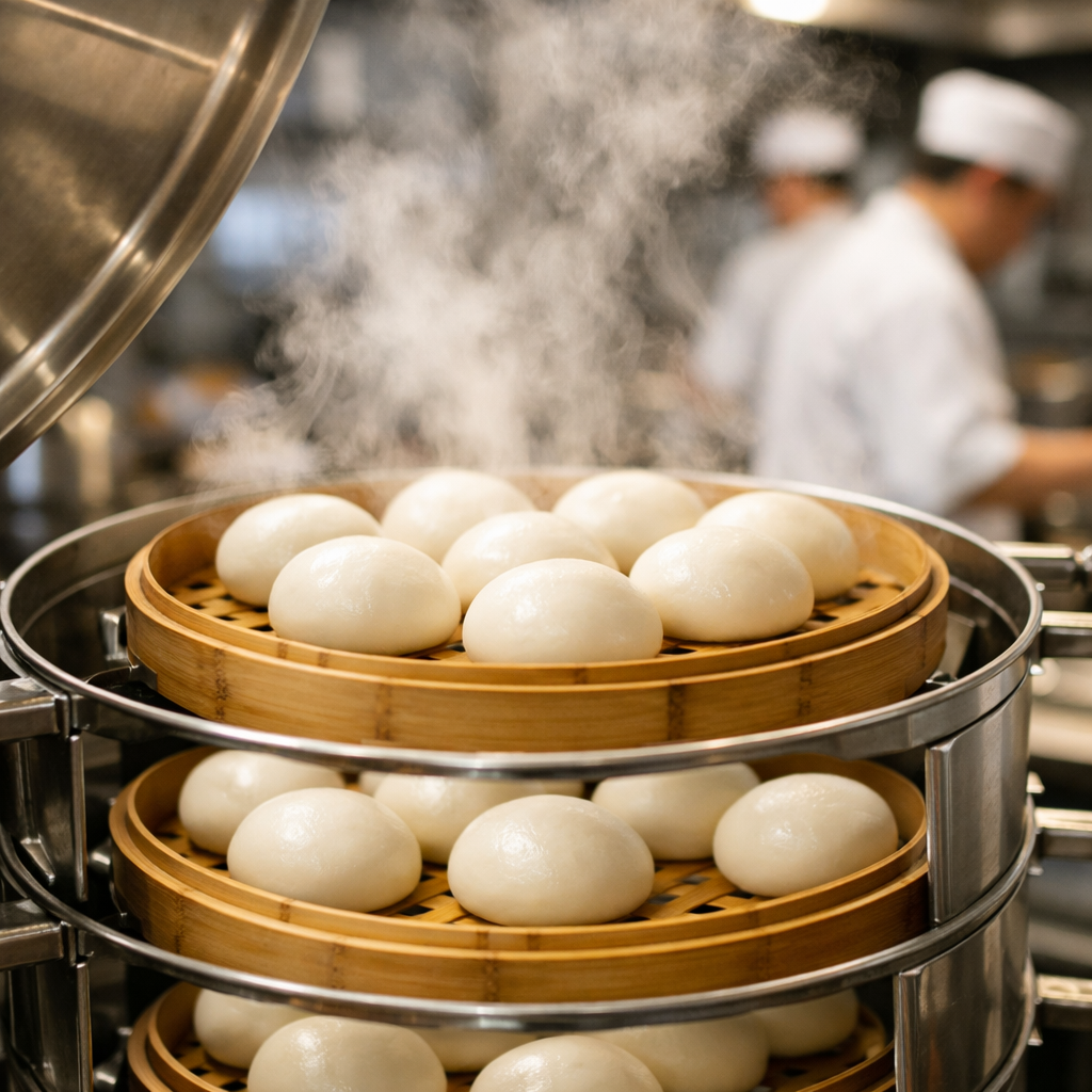 A professional commercial kitchen scene showing a stainless steel steamer with traditional white Chinese mantou (steamed buns) arranged on bamboo steaming trays. Steam rising dramatically in soft lighting. In the background, blurred chefs in white uniforms working. The mantou are perfectly round and fluffy with smooth surfaces. Shot with 50mm lens, f/2.8 aperture, natural kitchen lighting, high detail photography, clean professional foodservice environment