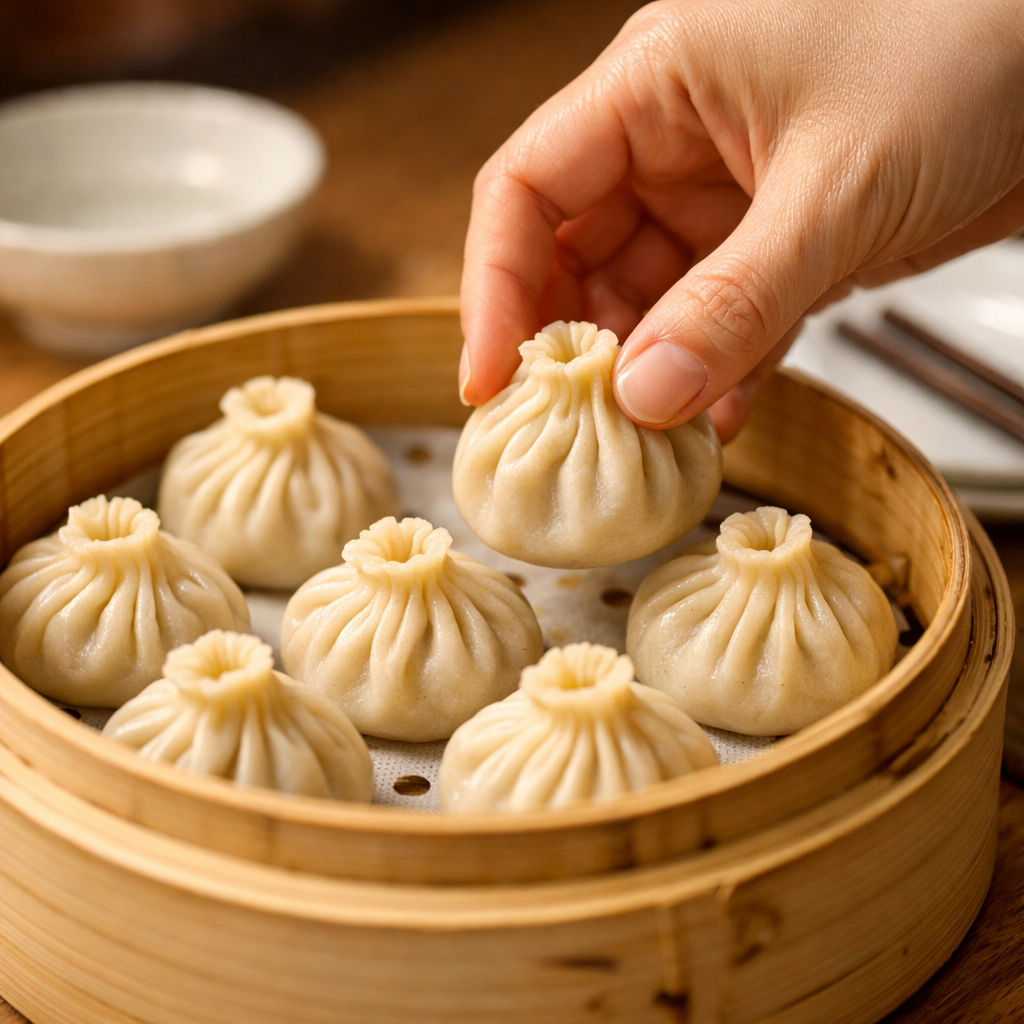 Close-up photo of hands preparing traditional Chinese soup dumplings (xiaolongbao) in a modern home kitchen. The scene shows delicate pleated dumplings being placed in a bamboo steamer basket. Shot with macro lens, f/2.8, warm natural lighting from a window creating soft shadows. The composition includes a traditional bamboo steamer, white porcelain plates, and chopsticks on a wooden countertop. Photo style, shallow depth of field with focus on the dumplings' intricate pleating, warm tones, highly detailed texture of the dumpling wrapper
