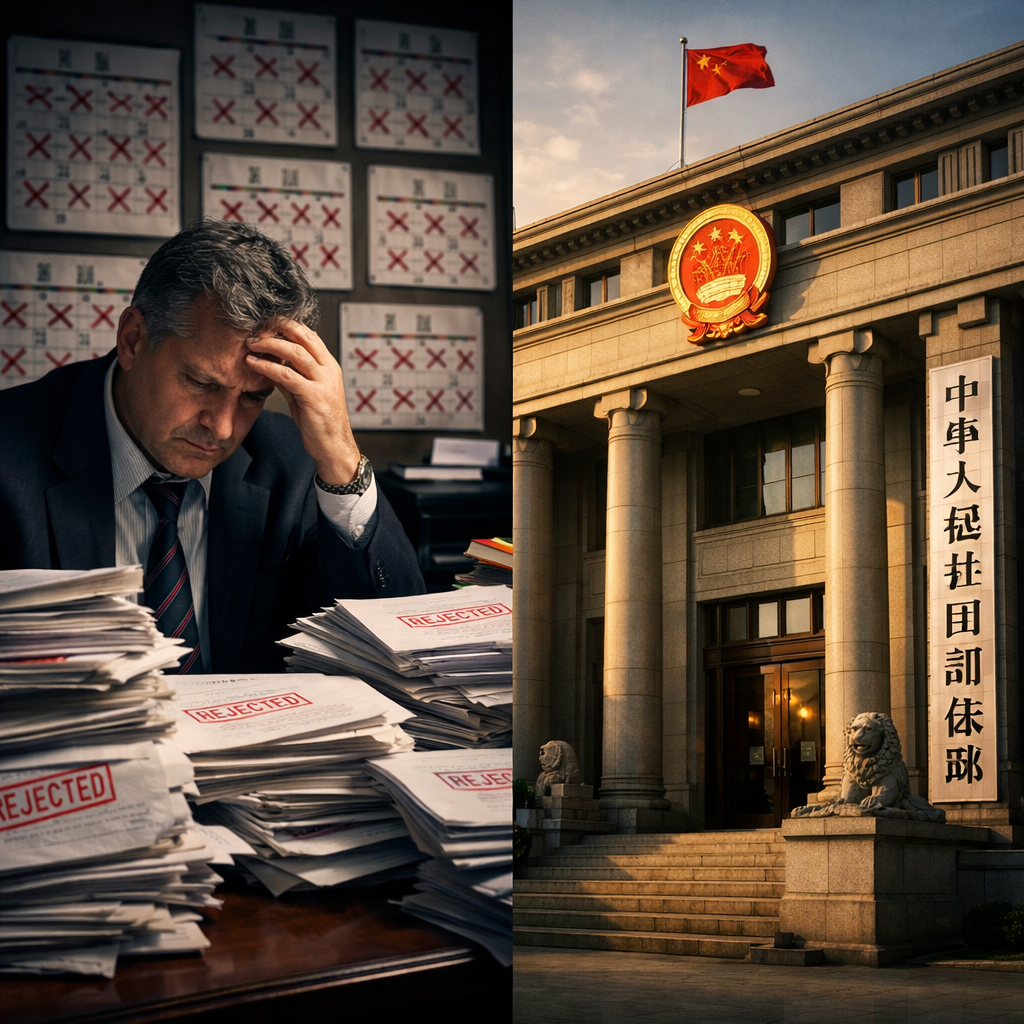 A split-screen composition showing two contrasting scenes: on the left, a frustrated Western lawyer surrounded by stacks of rejected documents with red stamps, a calendar showing multiple crossed-out months; on the right, a Chinese Ministry of Justice building with official government architecture. Shot with 50mm lens, dramatic lighting highlighting the contrast, photo style, rule of thirds composition, documentary photography style, high detail.