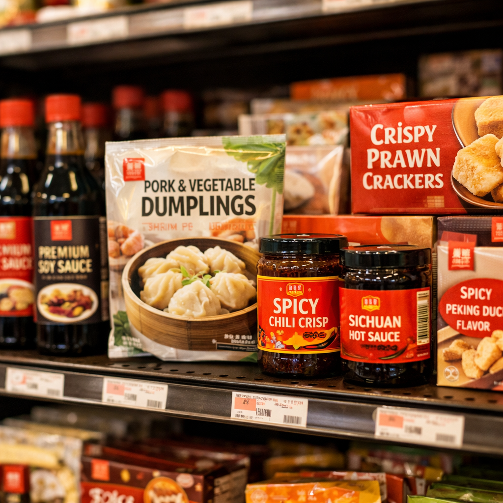Assortment of private label Chinese food products on grocery store shelves, including soy sauce bottles, dumpling packages, sauce jars, and snack boxes with various brand labels, natural retail lighting, eye-level view, shot with 50mm lens, f/2.8, shallow depth of field focusing on product labels, warm tones, professional retail photography style