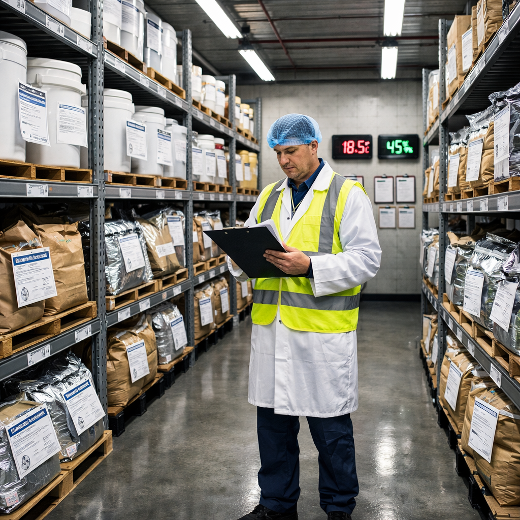 An organized warehouse storage area for nutritional ingredients, shot with wide-angle lens, featuring rows of clearly labeled containers and sealed bags of raw materials on industrial metal shelving, each with visible certificates and quality documentation tags attached, clean concrete floor, bright overhead fluorescent lighting creating even illumination, a quality inspector with clipboard reviewing documentation in the middle ground, temperature and humidity monitoring displays on the wall, everything arranged in systematic order showing traceability, DSLR camera, photo style, high contrast