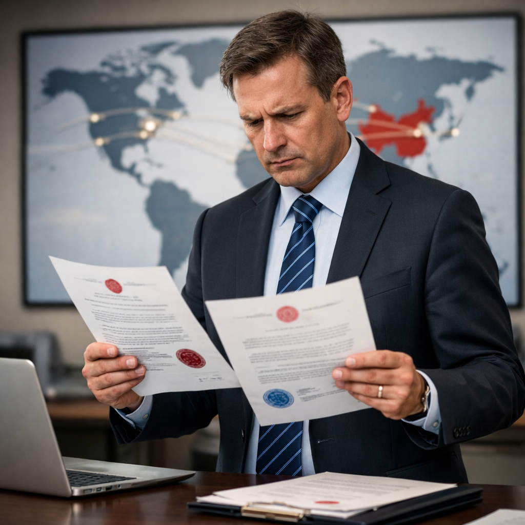 A professional business person in formal attire standing at a modern office desk, holding official legal documents with visible stamps and seals, looking concerned while examining papers. In the background, a world map on the wall shows connection lines between Western countries and China. The scene is shot with a 35mm lens, natural office lighting, photo style, shallow depth of field, highly detailed, business photography aesthetic.