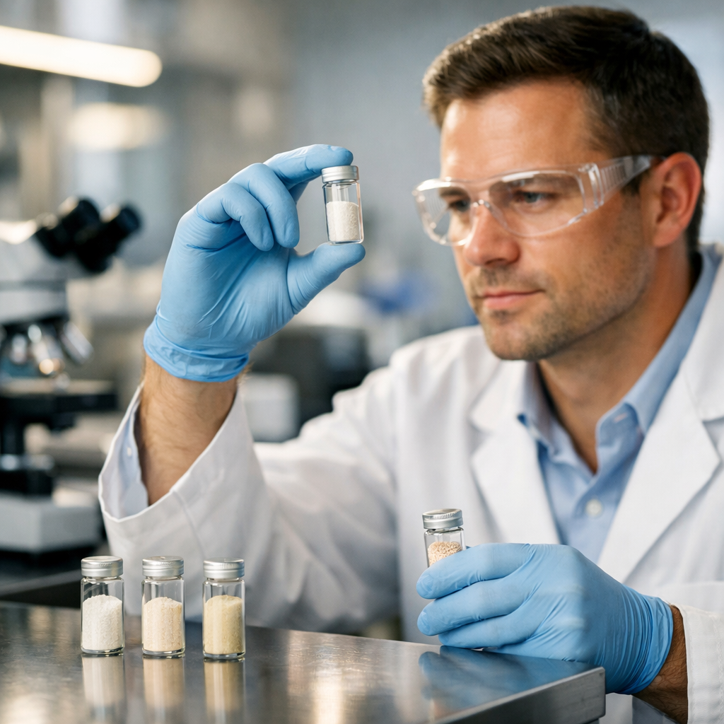 A professional quality control laboratory scene in a supplement manufacturing facility, shot with 50mm lens at f/2.8, showing a scientist in a white lab coat examining transparent vials containing powder samples under bright LED task lighting, with analytical equipment including microscopes and testing instruments visible in the background, shallow depth of field creating bokeh effect, clean modern pharmaceutical environment with stainless steel surfaces, natural window light mixing with artificial lighting creating soft shadows, highly detailed, photo style