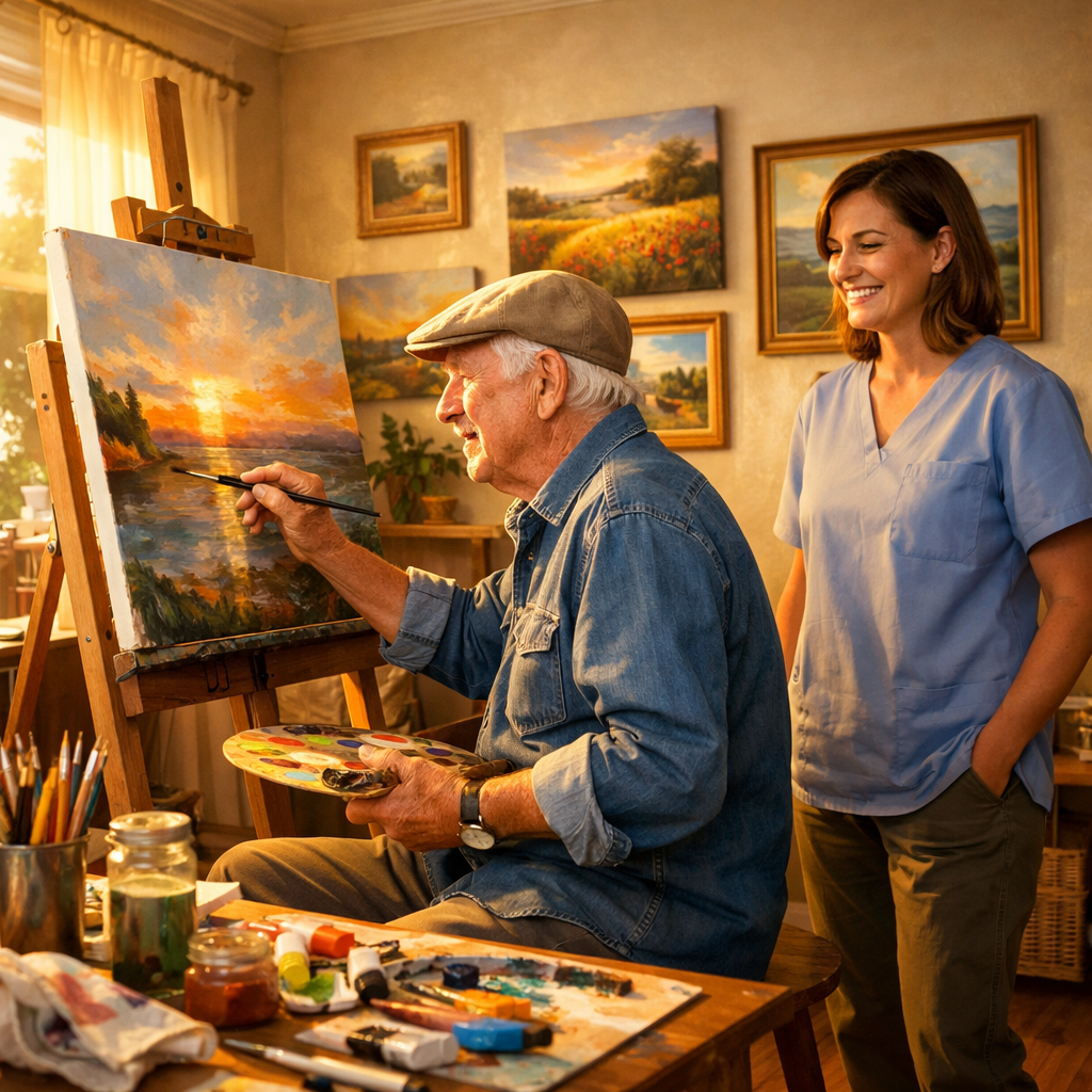 An active senior man in his 70s painting at an easel in a bright, sunlit home studio, with a caregiver standing nearby, engaged and supportive but not intrusive. Art supplies are scattered around, and finished paintings hang on the wall. The composition captures dignity, purpose, and creative engagement. Wide-angle lens, rule of thirds composition, golden hour lighting, warm tones, photo style, highly detailed