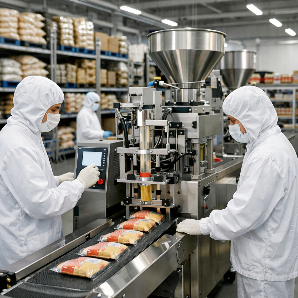 A modern Chinese food manufacturing facility with stainless steel equipment and production lines, workers in white hygiene suits operating automated packaging machines, shelves of ingredients and finished products in the background, bright industrial lighting, photo style, shot with 35mm lens, f/4, clean and organized warehouse atmosphere