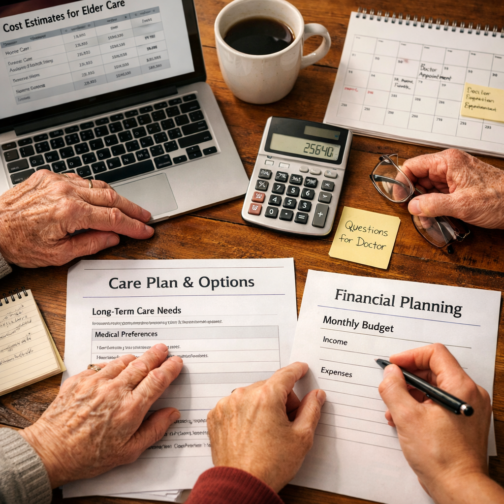 A photo-style overhead flat lay composition showing hands of different generations reviewing care planning documents, calculator, calendar, and notes on a wooden table. Elements include a laptop displaying cost estimates, coffee cups, reading glasses, and family photos scattered around. Natural window lighting creating soft shadows, shot with macro lens showing intricate details of the papers and textures. Warm tones, shallow depth of field focusing on the hands and documents. The image conveys thoughtful financial planning and family collaboration for elder care.