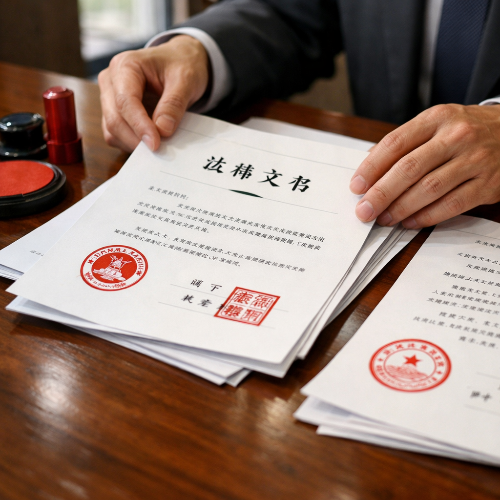 Close-up of official legal documents with red stamps and seals on a polished wooden desk, Chinese characters visible on the papers, hands of a legal professional arranging the documents, natural office lighting from window, shallow depth of field at f/2.8, professional documentation style, highly detailed, photo style