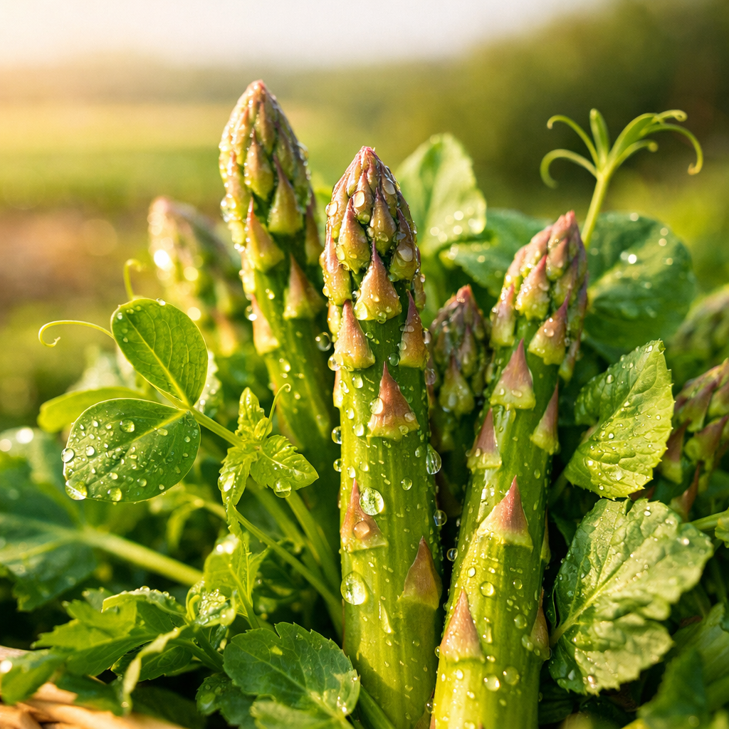 A vibrant close-up photo of fresh spring asparagus spears with delicate pea shoots and leafy greens, shot with a 50mm lens at f/2.8, natural morning sunlight streaming from the side, shallow depth of field highlighting water droplets on the vegetables, captured with a Canon EOS R5, farm-to-table aesthetic, soft bokeh background showing blurred agricultural fields, warm tones, highly detailed texture of the vegetables, professional food photography style