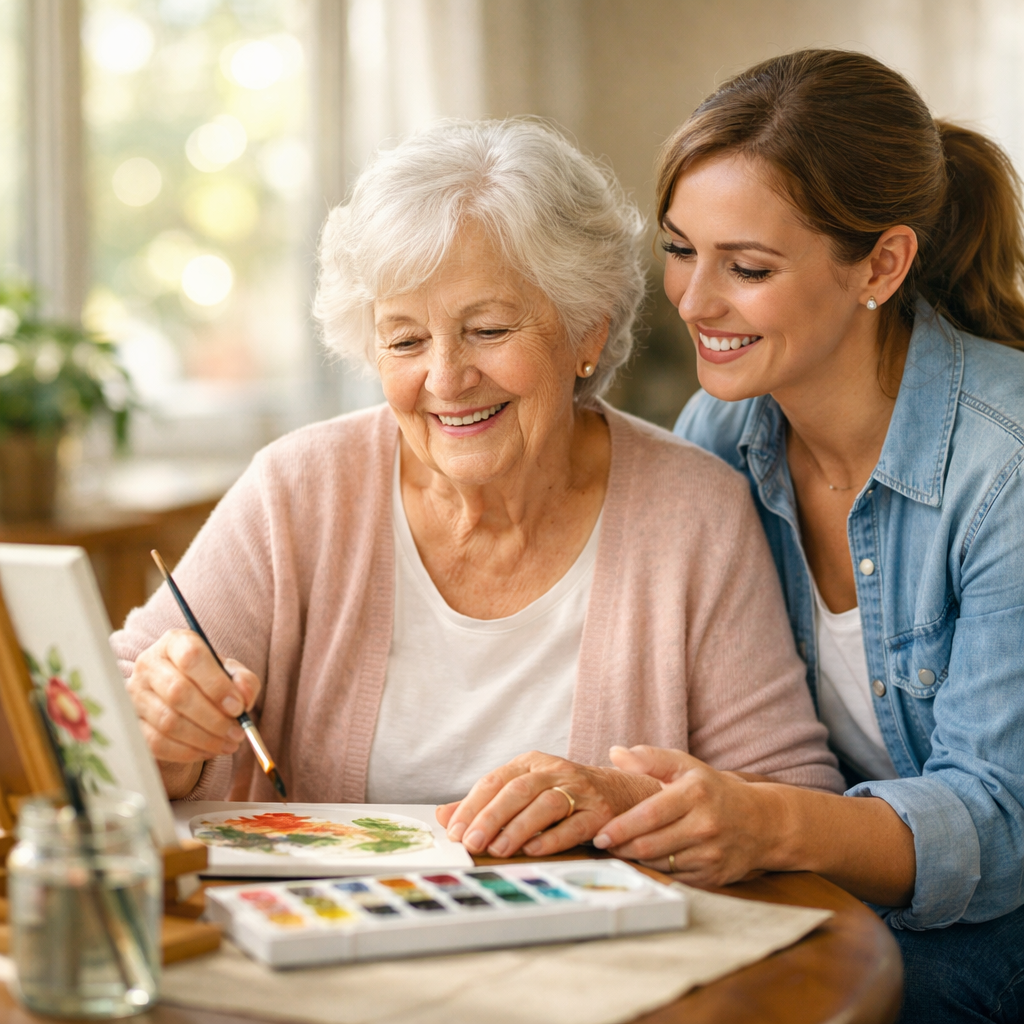 A warm, photo-style image of a professional caregiver in casual attire sitting beside a smiling elderly woman in a bright, sunlit living room. The elderly woman is engaged in a hobby like painting or gardening indoors, while the caregiver assists with genuine warmth. Soft natural lighting from large windows, shallow depth of field shot with 50mm lens at f/2.8, creating a bokeh effect in the background. The scene conveys dignity, independence, and companionship. High detail, natural tones, DSLR photo quality.