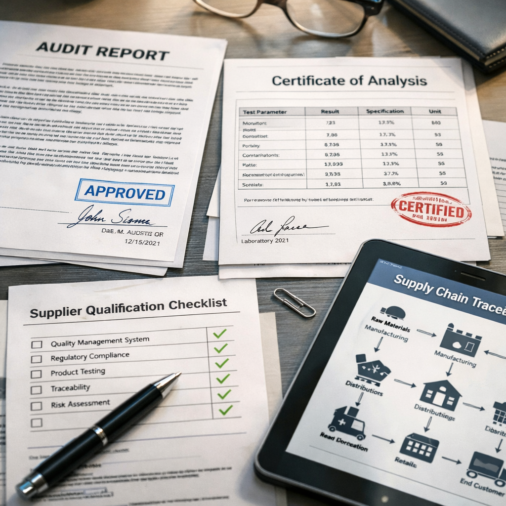 A detailed overhead view of quality documentation and certification materials spread across a modern desk. Visible elements include official audit reports with stamps and signatures, certificates of analysis with laboratory data, supplier qualification checklists with checkmarks, and a digital tablet displaying supply chain traceability flowcharts. The composition emphasizes transparency and verification through organized documentation. Natural office lighting, shallow depth of field, professional setting, shot with macro lens, photo style.