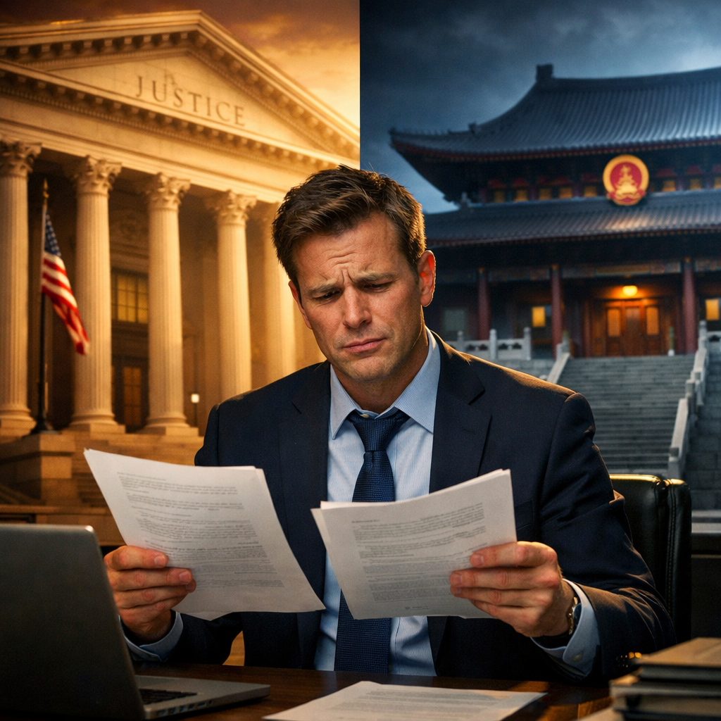 A professional business person in a modern office looking confused while holding legal documents, with a split-screen visual showing Western courthouse on one side and Chinese courthouse on the other, dramatic lighting emphasizing the contrast, shot with 35mm lens, cinematic composition, photo style