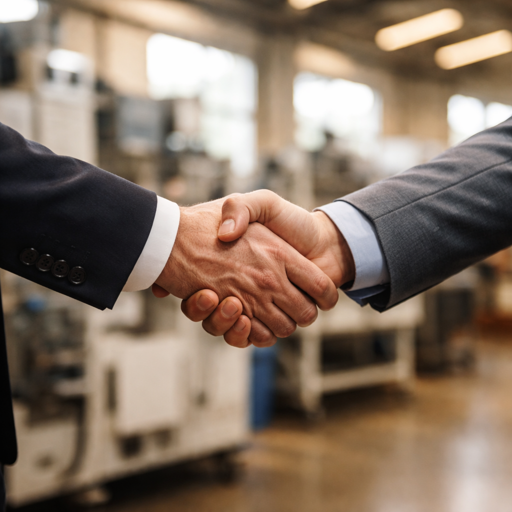 Close-up photo of a business handshake between two professionals in an industrial facility setting, with manufacturing equipment and quality control charts visible in the soft-focused background, natural lighting from large windows, shot with 85mm lens at f/2.0, warm tones, shallow depth of field, professional corporate photography, representing strategic partnership