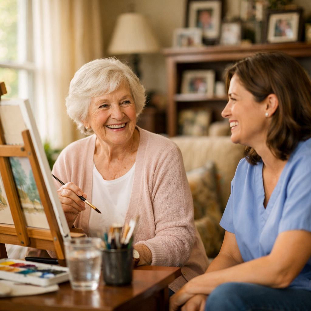 A warm and inviting photo of a senior woman in her 70s sitting comfortably in her bright, sunlit living room filled with personal mementos and family photos. She is smiling while engaged in her hobby of watercolor painting at an easel, with a friendly caregiver sitting nearby, both sharing a joyful conversation. The scene captures the essence of aging in place with dignity and independence. Natural window lighting, shot with 50mm lens, f/2.8, shallow depth of field, warm tones, photo style