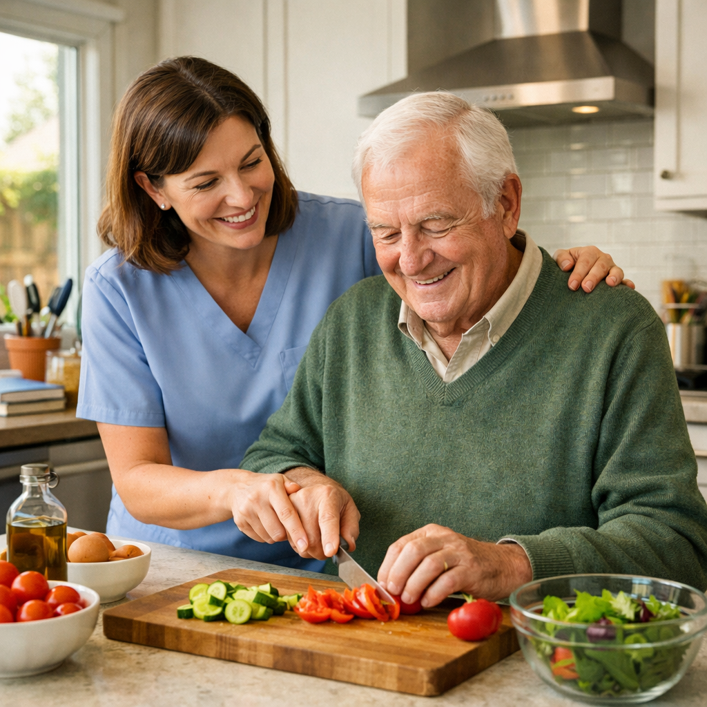 A professional and informative visualization showing a modern home setting where a caregiver is helping a senior man with meal preparation in a well-lit kitchen. The scene should convey personalized one-on-one care and companionship. In the background, visible through a window or on a side table, include subtle elements suggesting active aging like gardening tools, a book, or hobby materials. The atmosphere is warm and supportive. Natural lighting, shot with 35mm lens, high detail, photo style, eye-level view