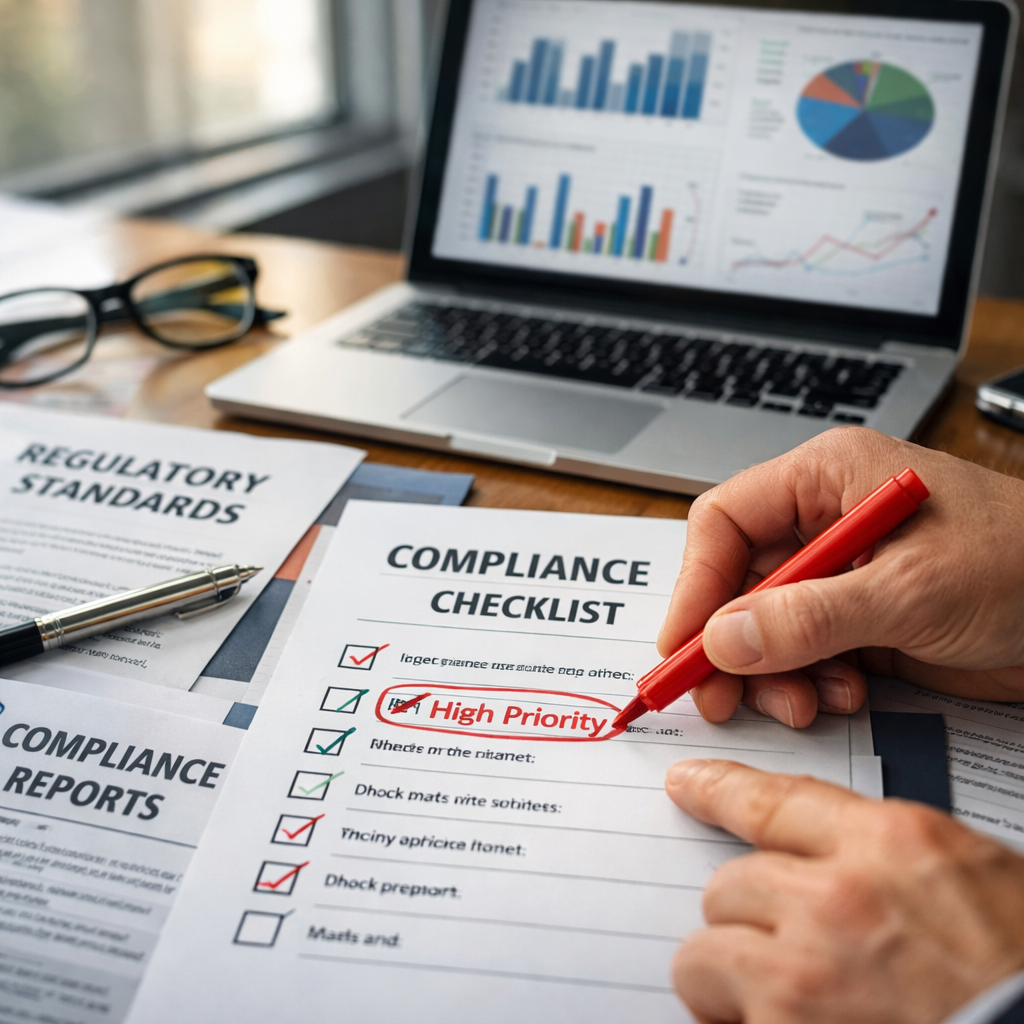 Close-up of compliance documentation spread on a desk, including checklists, regulatory standards documents, and a laptop displaying data analysis charts, business professional's hands pointing at priority items with red markers, office environment, natural window lighting, shallow depth of field, shot with macro lens, professional photo style, detailed textures